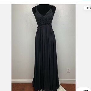 backless long crinkled cotton lace overlay gown/dress in black